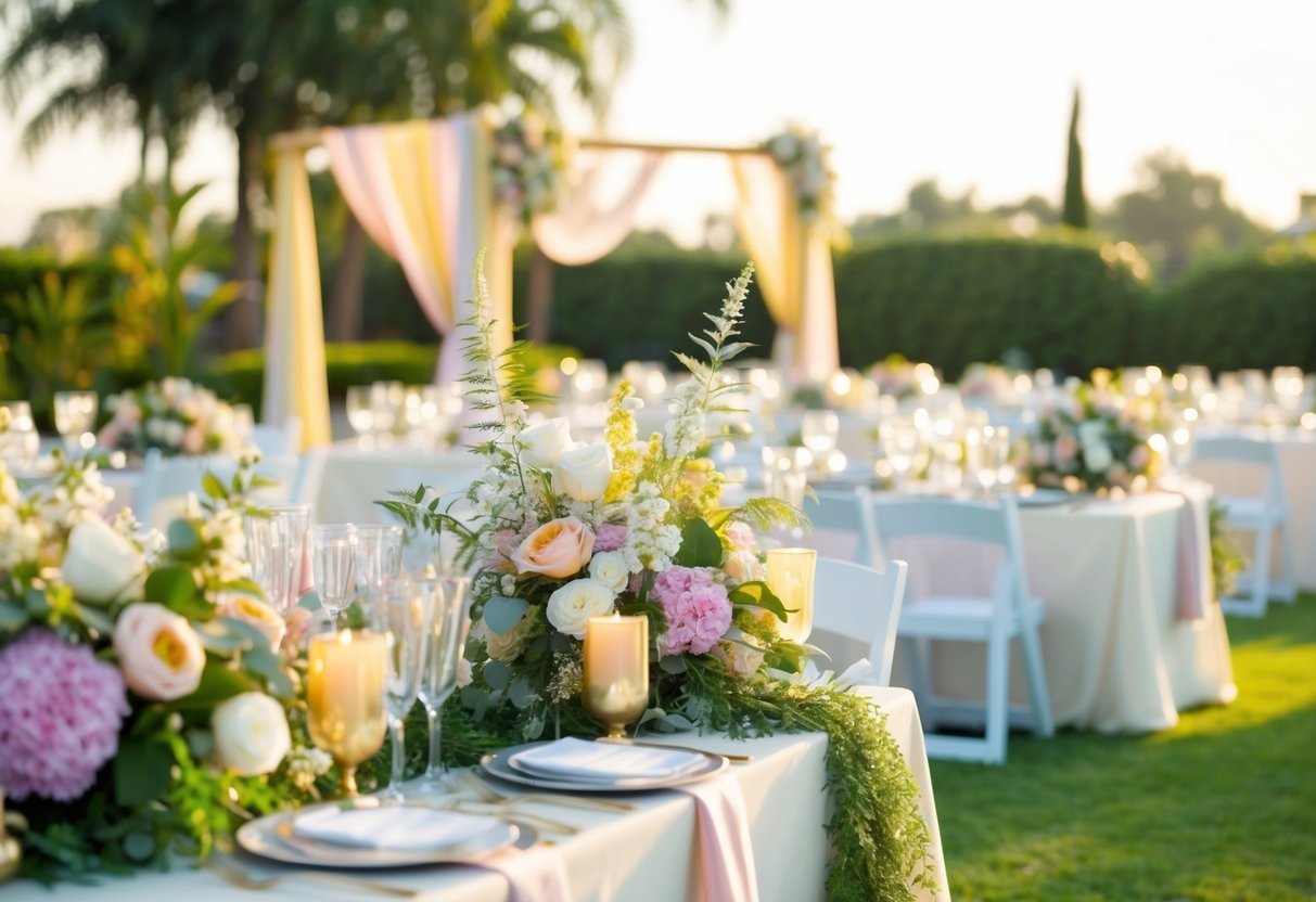 A summer wedding in 2024 features a color palette of soft pastels and vibrant hues, with accents of gold and silver. The setting includes lush greenery, blooming flowers, and warm sunlight