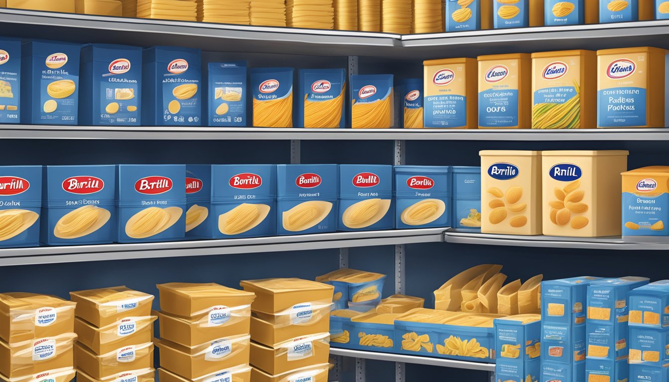 A pantry shelf with neatly organized boxes of Barilla pasta, along with labeled expiration dates and storage instructions