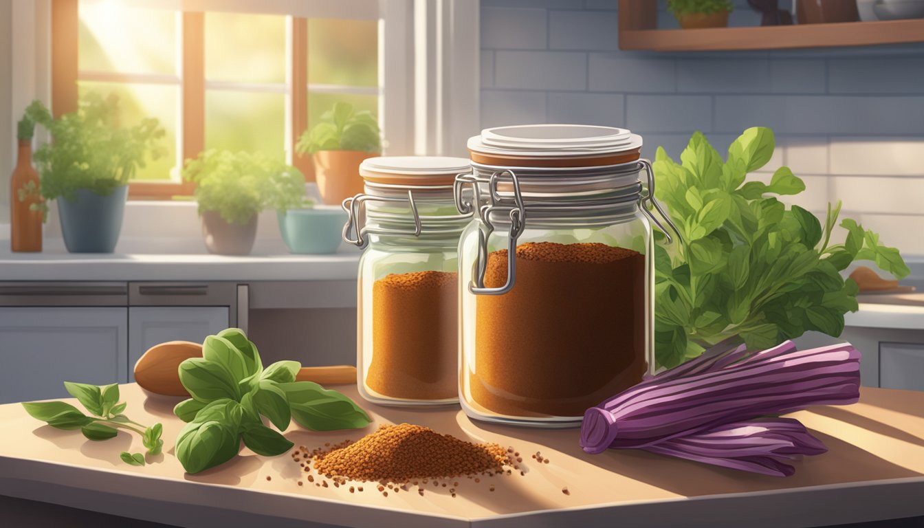 A jar of barbecue spice mix sits on a kitchen counter, surrounded by fresh herbs and spices. The sunlight streams in through the window, highlighting the vibrant colors of the ingredients