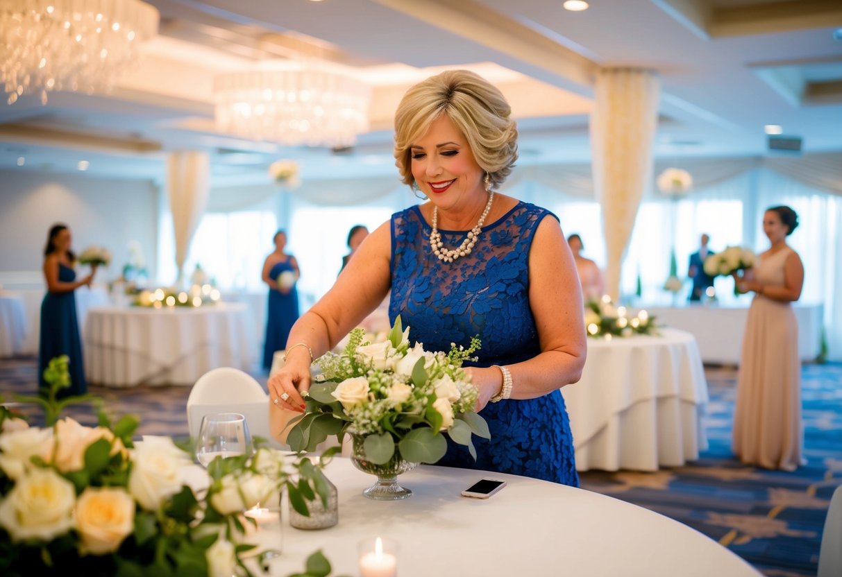The mother of the bride arranges flowers and decorates the reception hall, adding personal touches to create a warm and inviting atmosphere for the celebration