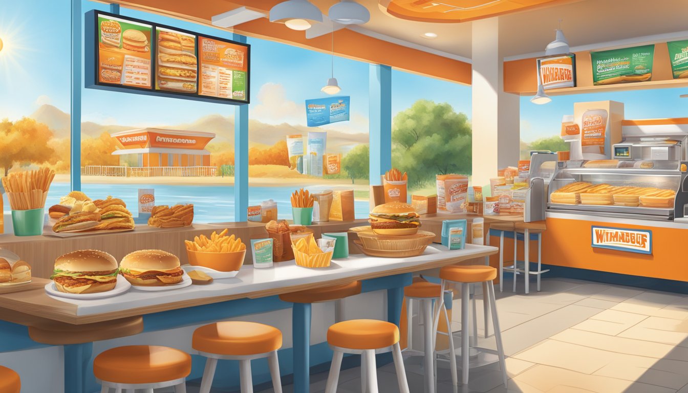 A sunny morning scene at Whataburger, with a colorful display of breakfast items and prices on the menu board