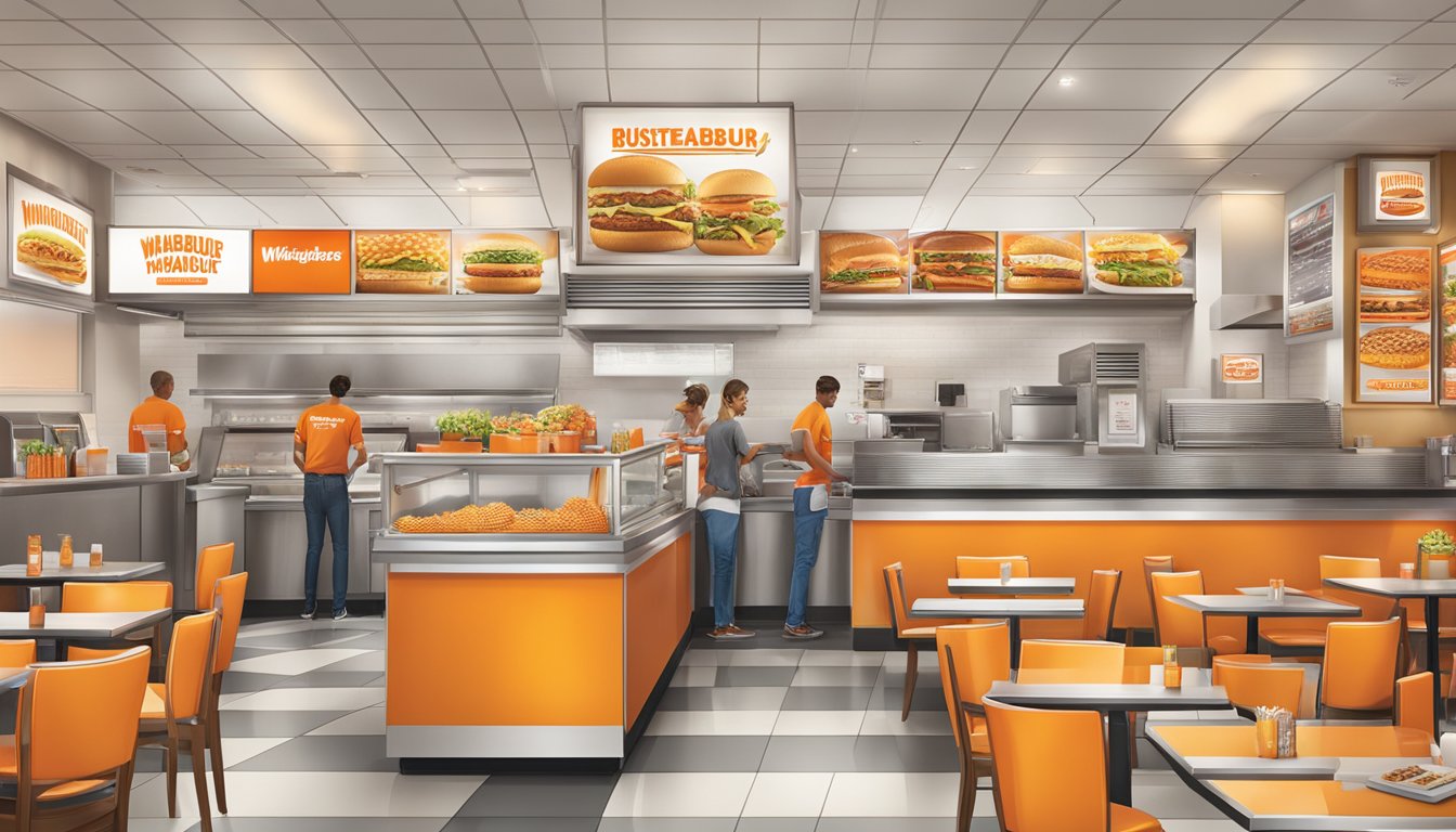 A bustling Whataburger restaurant with a colorful menu board and a display of their specialty items