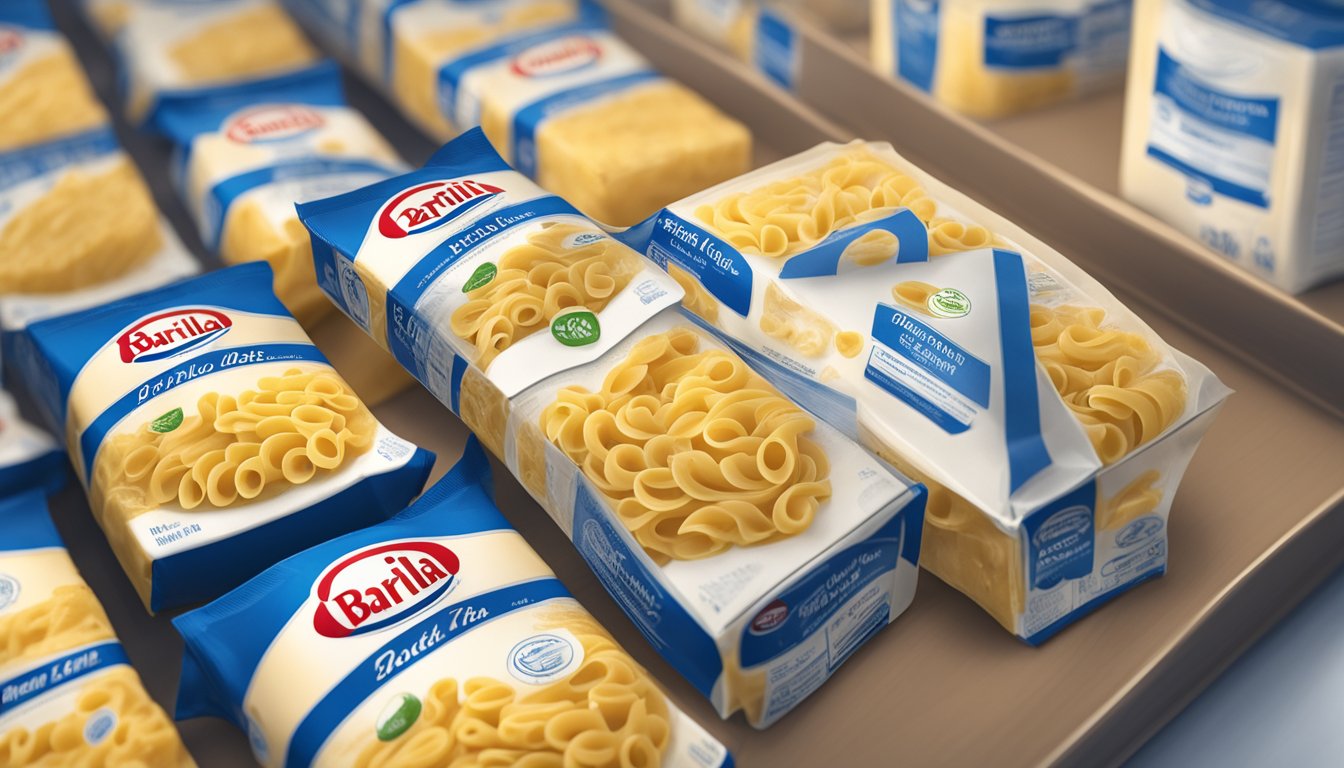 A package of Barilla pasta sits on a kitchen shelf, with a visible expiration date and signs of mold and discoloration