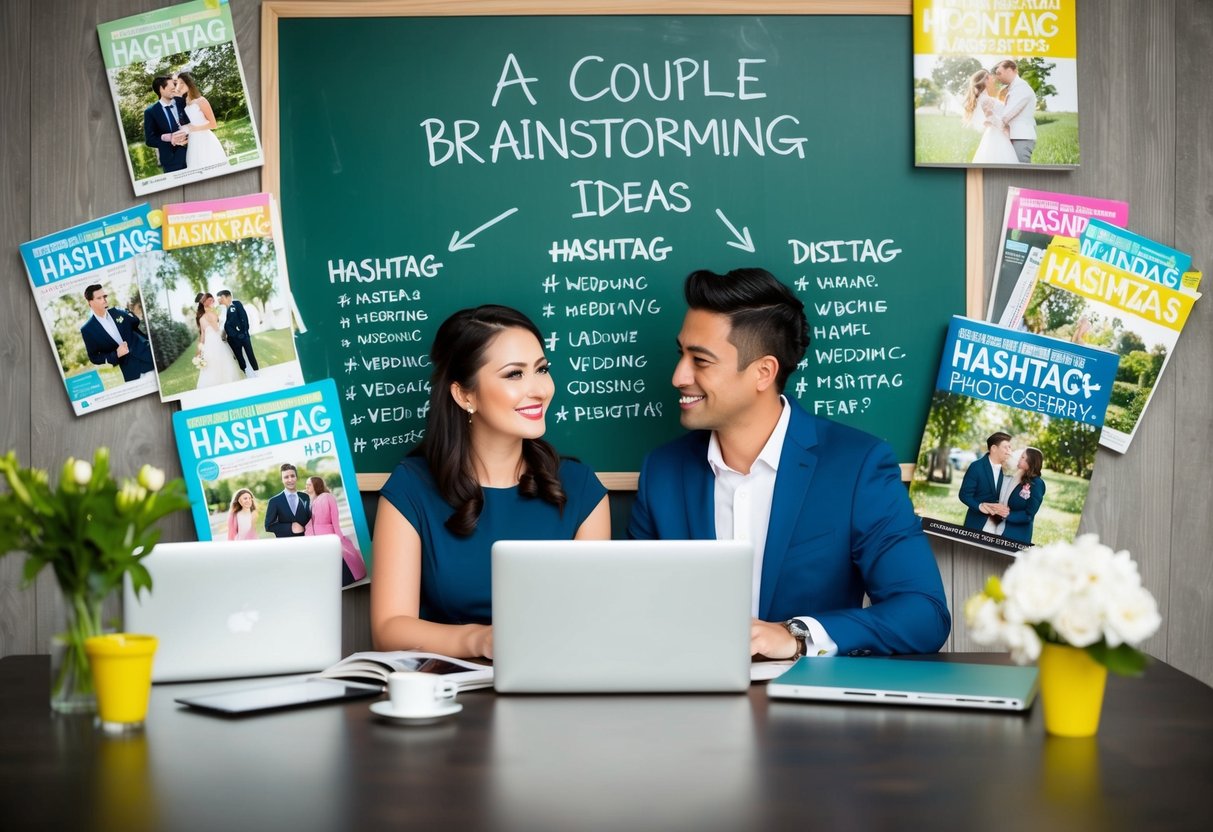 A couple brainstorming with a chalkboard, surrounded by wedding magazines and a laptop, while writing down and discussing various hashtag ideas