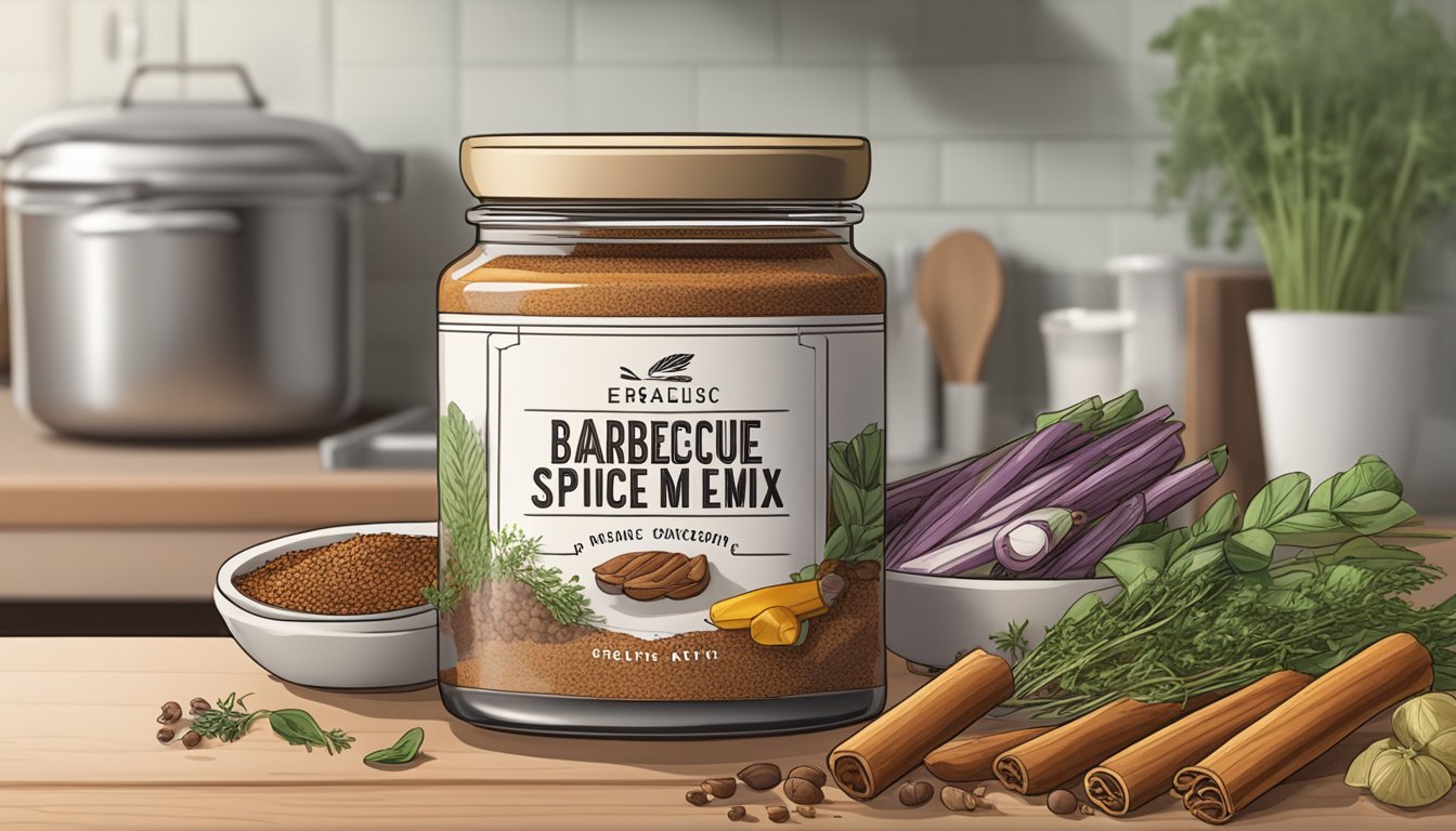 A jar of barbecue spice mix sits on a kitchen counter, surrounded by various herbs and spices. The label on the jar indicates the expiration date