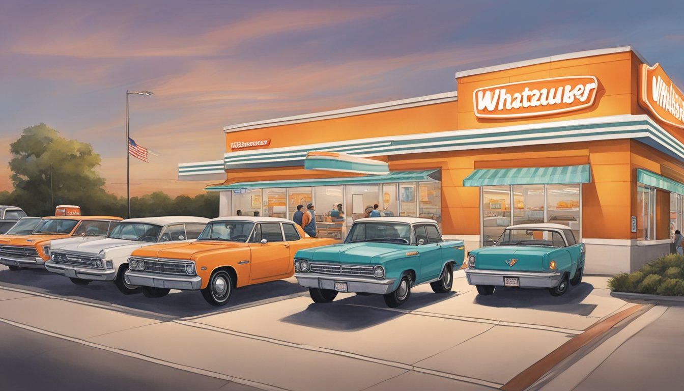 A bustling Whataburger in Houston, with cars lined up at the drive-thru and a steady stream of customers inside