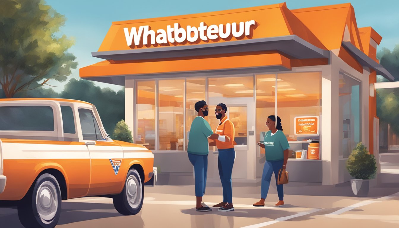 A drive-thru customer receives a bag of Whataburger food from a smiling employee at a brightly lit restaurant in Columbia