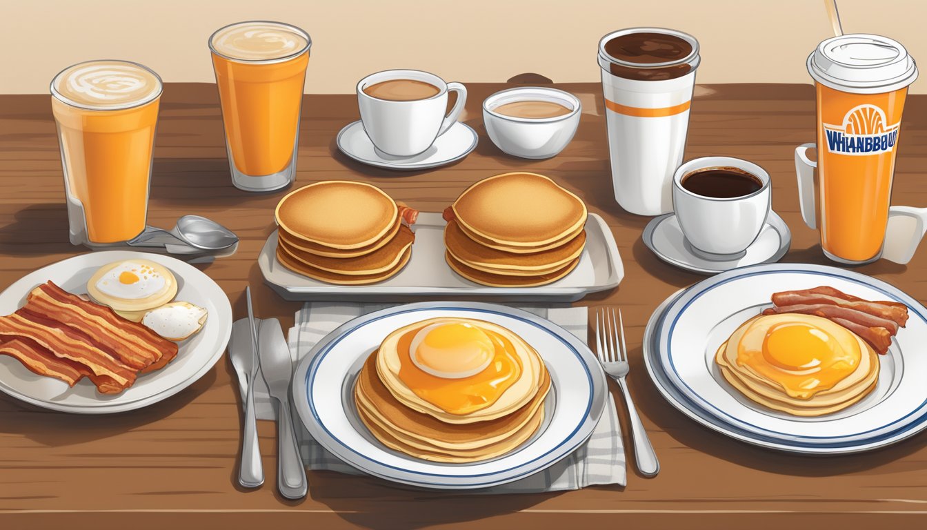 A table set with Whataburger breakfast items, including pancakes, eggs, bacon, and coffee, with prices displayed