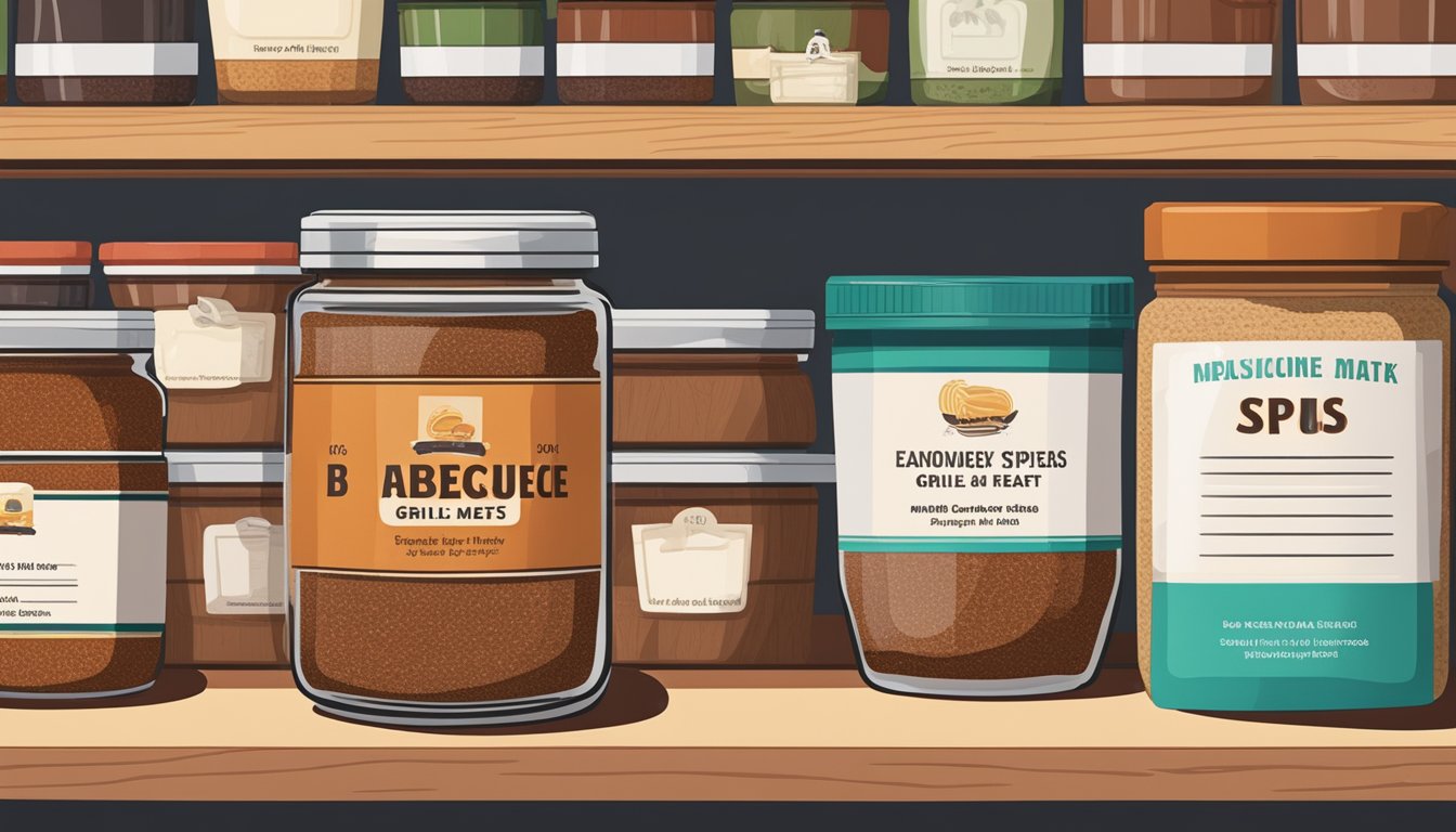 A jar of barbecue spice mix sits on a shelf, with a label indicating the expiration date. A grill and various meats are visible in the background