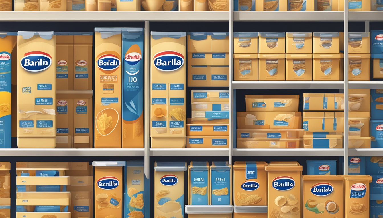 A kitchen pantry with neatly organized shelves of Barilla pasta boxes, some opened and partially used, with expiration dates visible