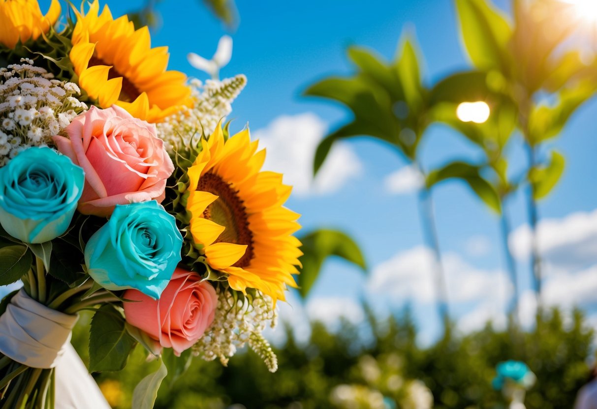 A vibrant summer wedding scene with sunflowers, coral roses, and turquoise accents against a backdrop of lush greenery and a bright blue sky