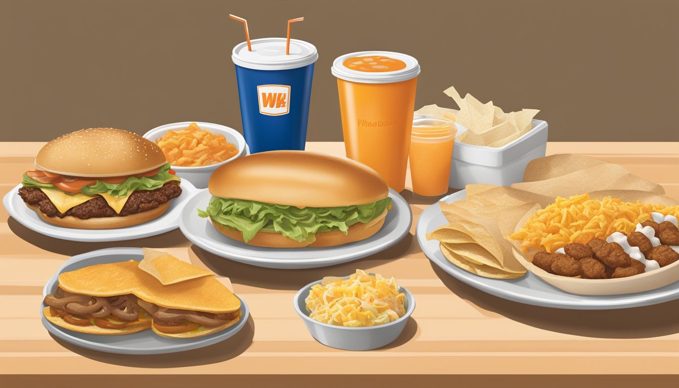 A table set with a variety of breakfast items from Whataburger, including sandwiches, tacos, and sides, with prices displayed