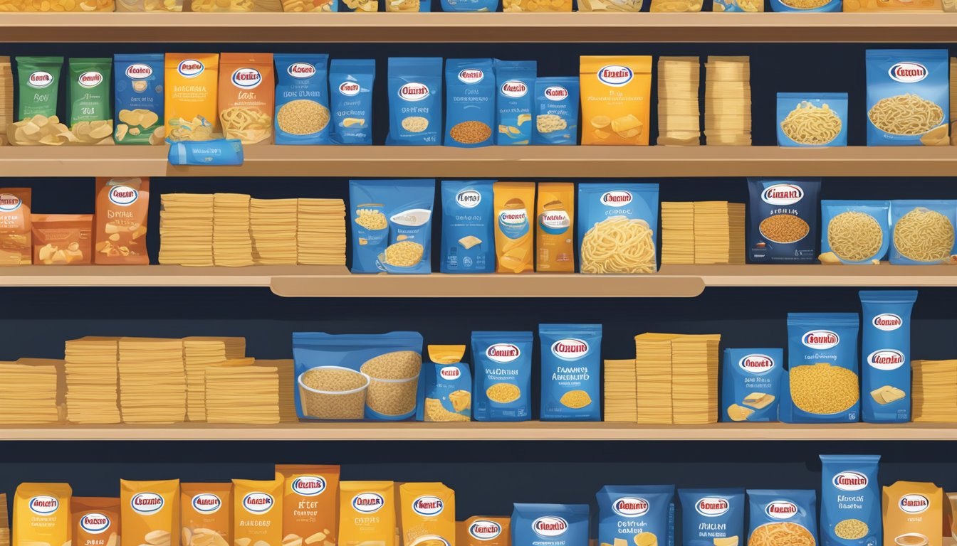 A pantry shelf with neatly organized boxes of Barilla pasta, some open with loose strands spilling out, and a calendar on the wall marking the date of purchase