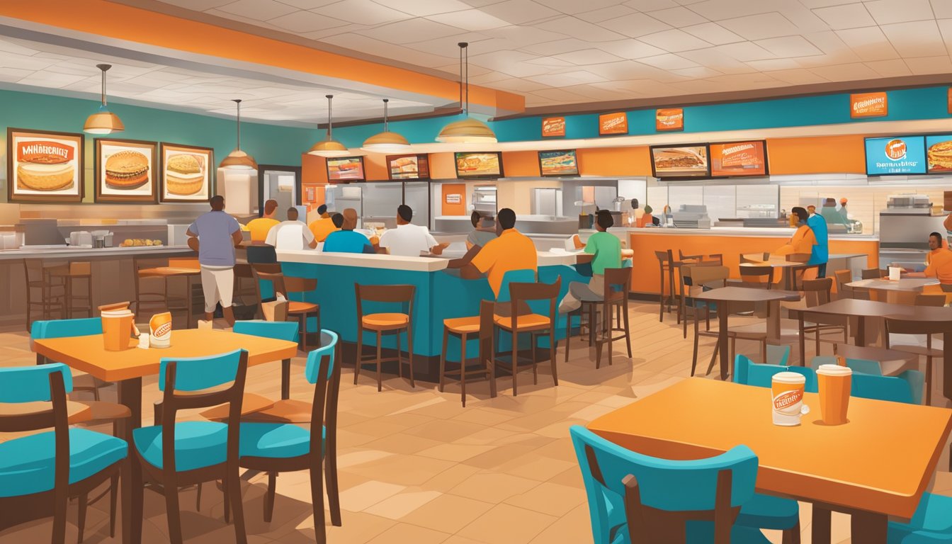 A bustling Whataburger restaurant in Columbia with warm lighting, colorful decor, and a welcoming atmosphere. Tables are filled with happy customers enjoying their meals