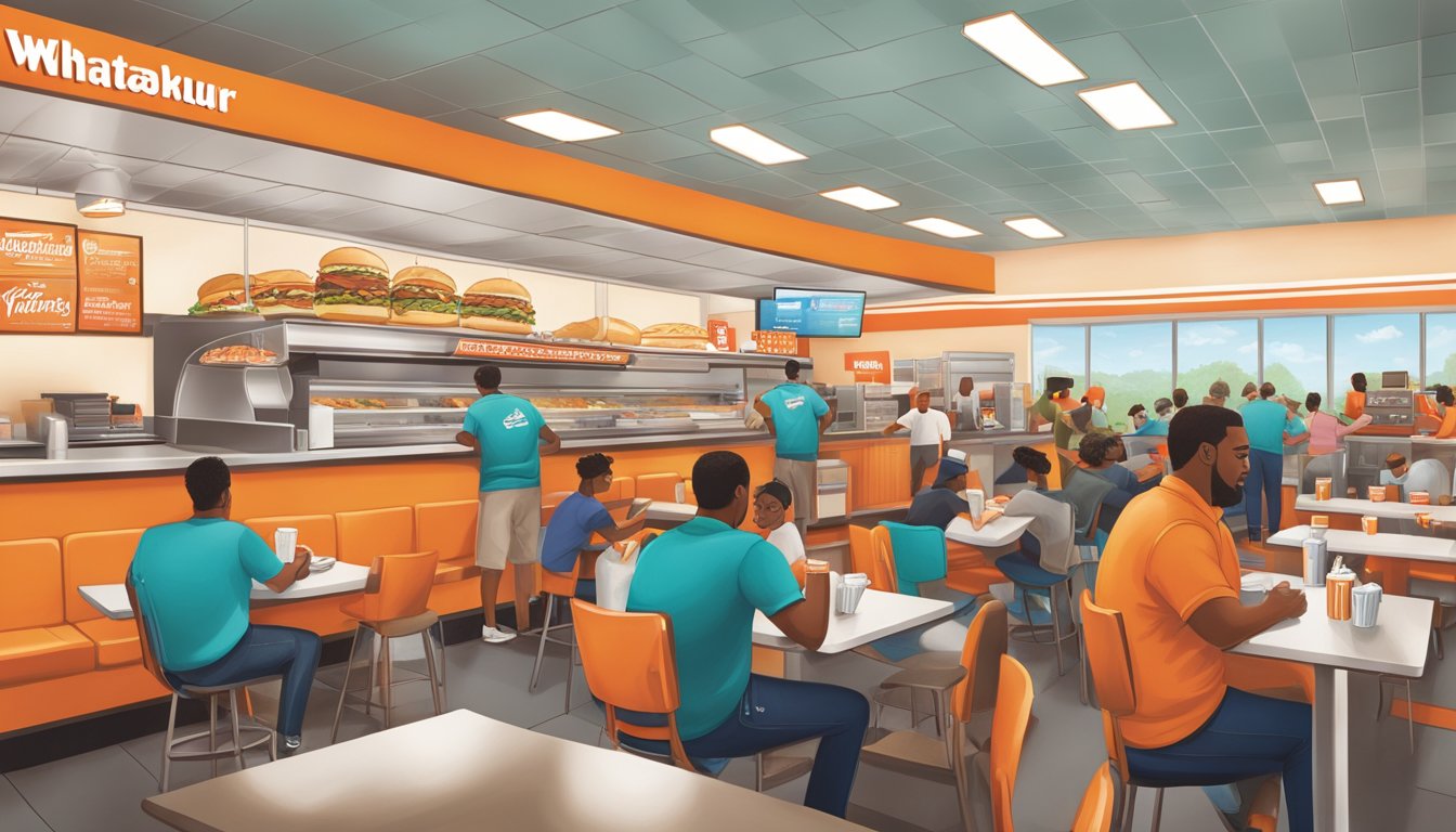 A bustling Whataburger in Houston, with customers enjoying their meals, staff working behind the counter, and a sense of community and engagement in the air