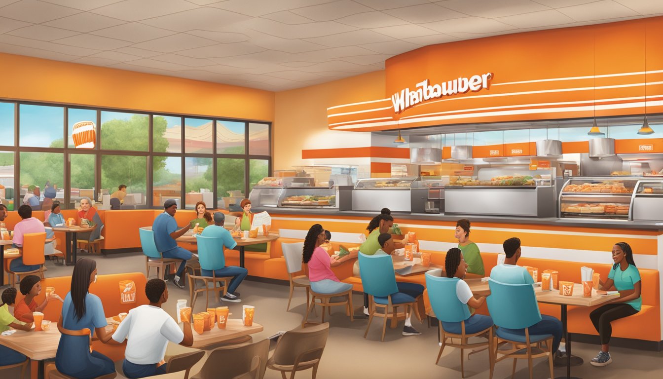 A bustling Whataburger restaurant in Columbia, with families and friends gathered around tables, enjoying their meals and engaging in lively conversations