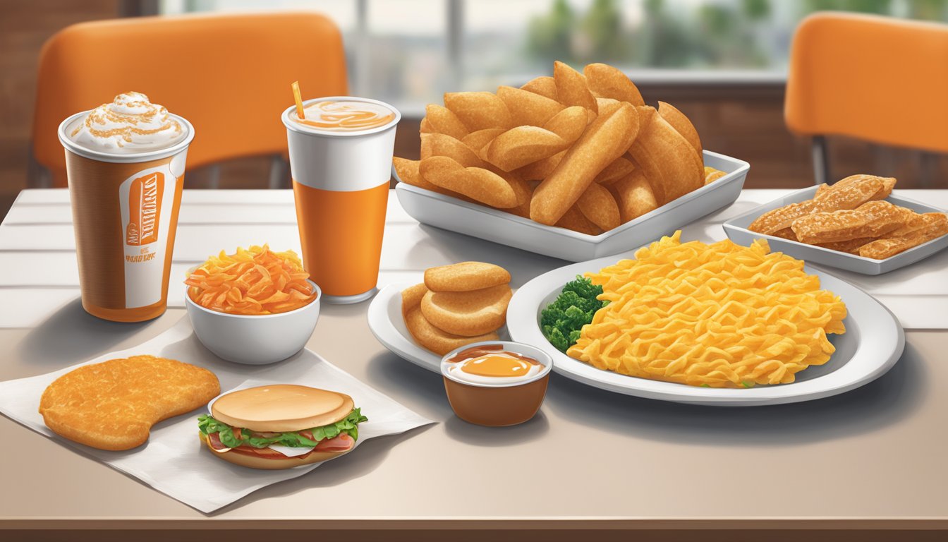 A table set with Whataburger breakfast items and prices displayed