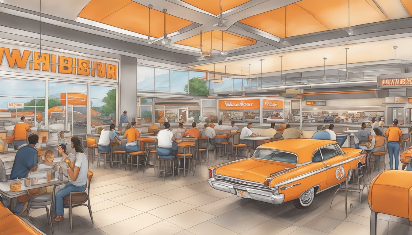 A bustling Whataburger restaurant in Houston, with a drive-thru line of cars and a busy dining area filled with customers and staff