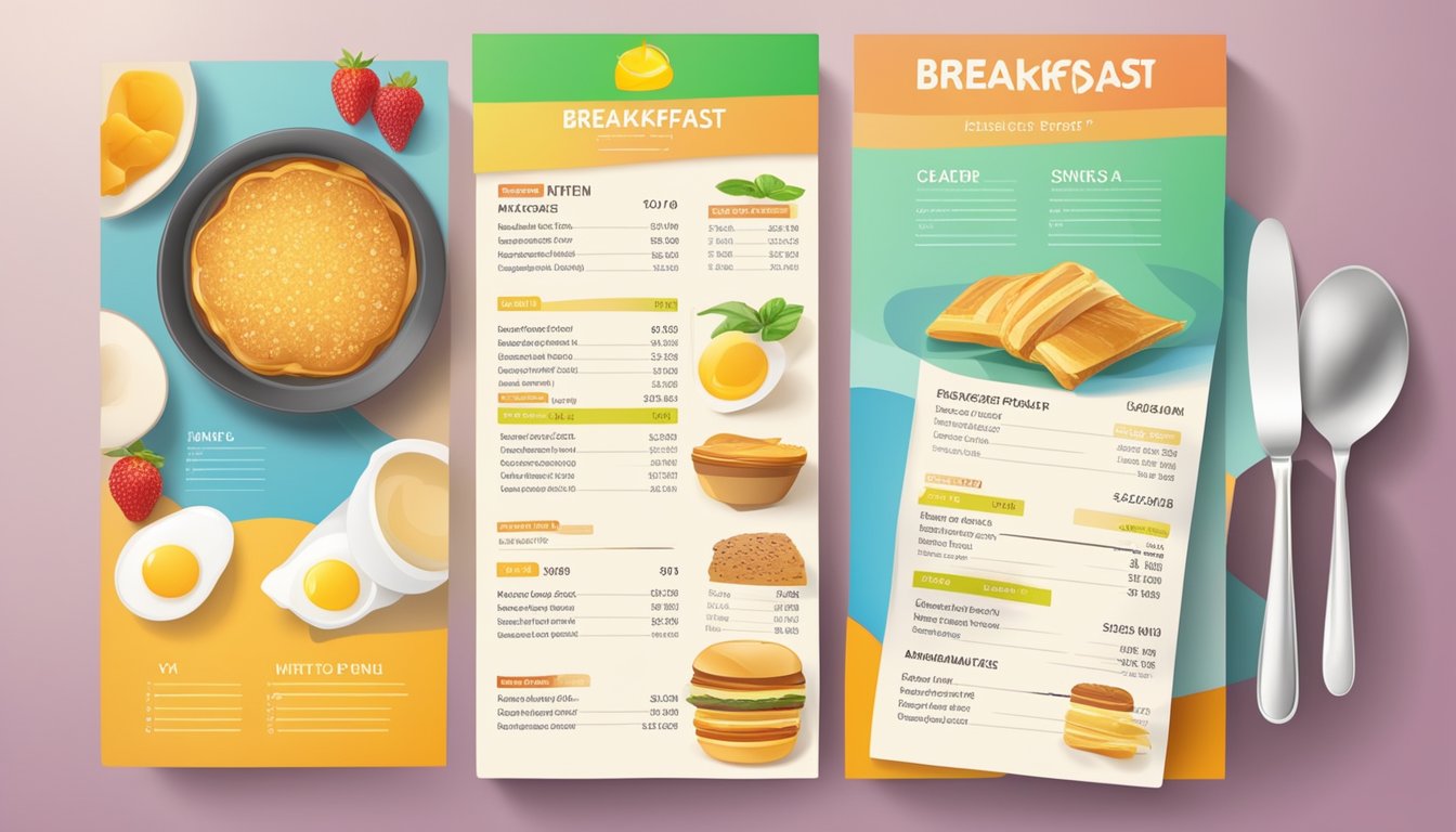 A breakfast menu with prices and nutritional information displayed on a colorful background