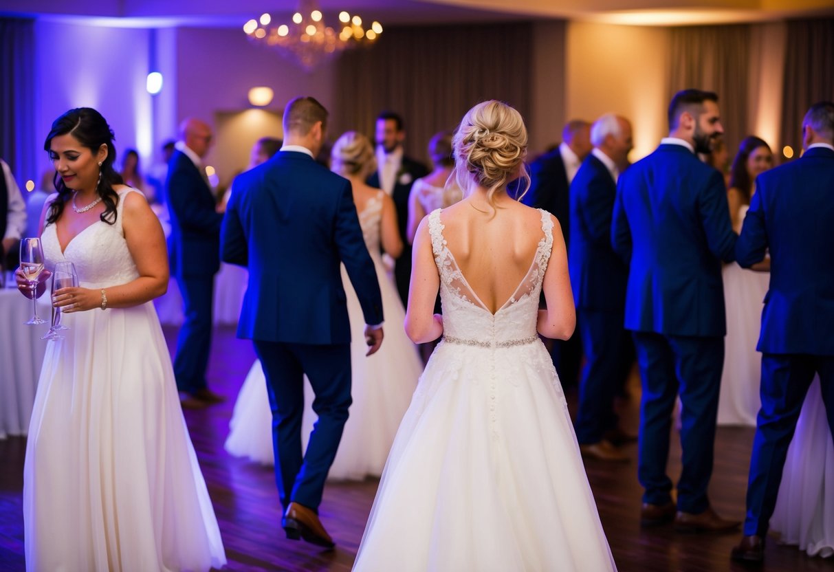 Guests departing early from a wedding reception, leaving behind half-empty glasses and a quieting dance floor under dimming lights