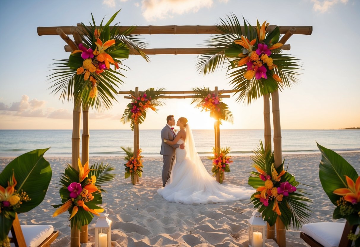 A beach wedding with a bamboo arch, tropical flowers, and a sunset backdrop