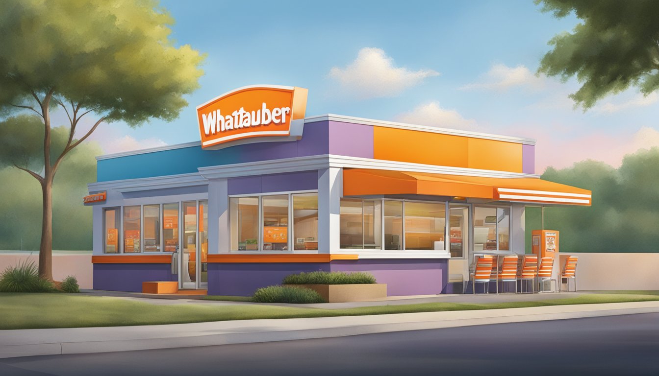 A Whataburger restaurant in Houston, Texas, with a colorful exterior and a drive-thru window, featuring a sign advertising refreshments