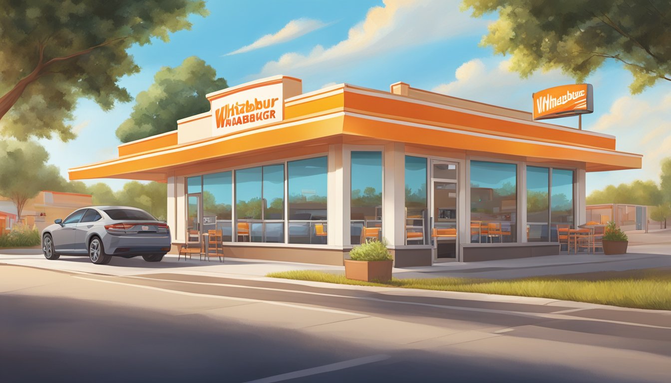 A sunny morning scene at a Whataburger restaurant, with a colorful breakfast menu displayed on the counter, alongside the prices