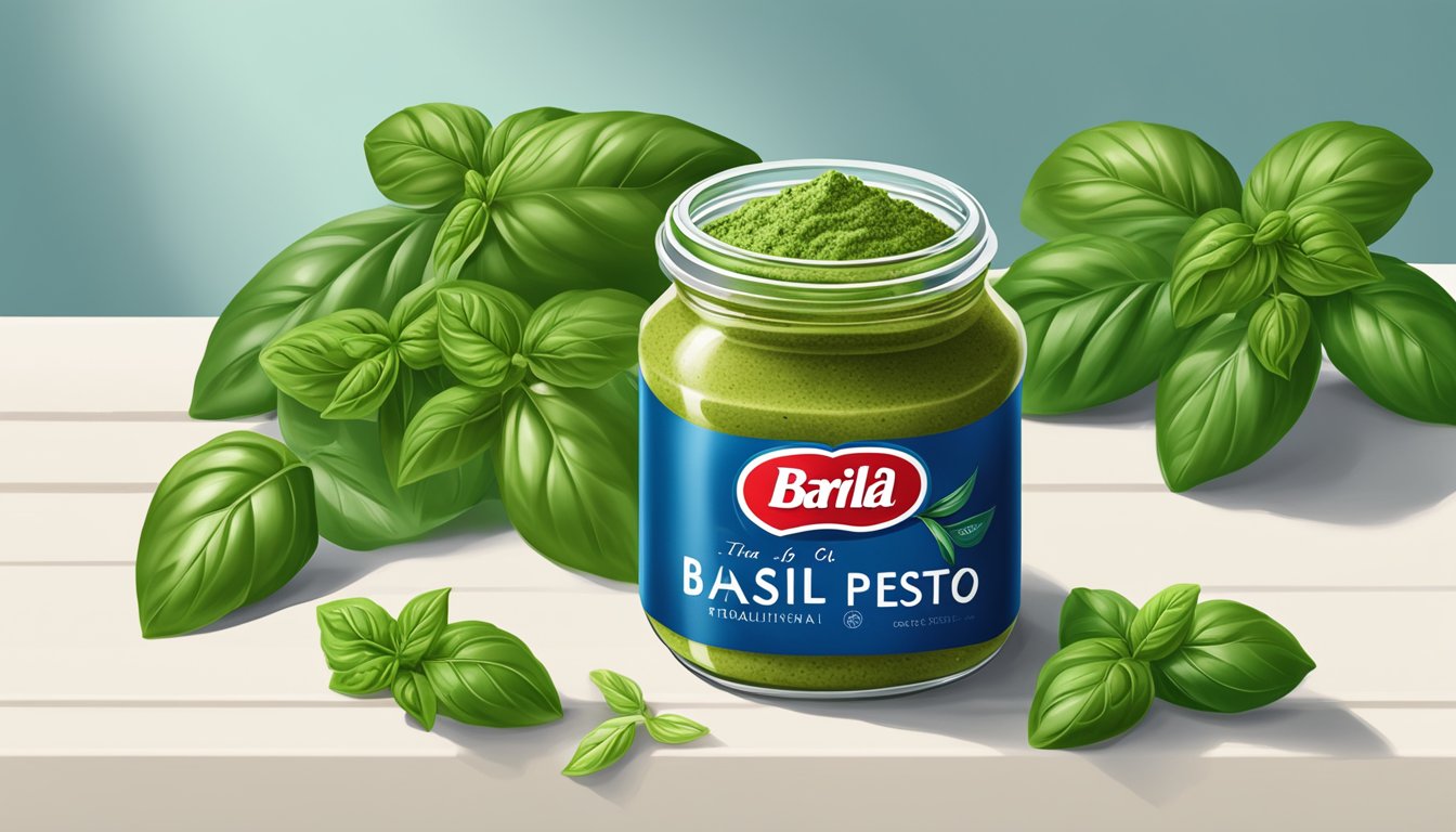 A jar of Barilla Traditional Basil Pesto sits on a kitchen shelf, surrounded by fresh basil leaves and a sprig of basil on the lid