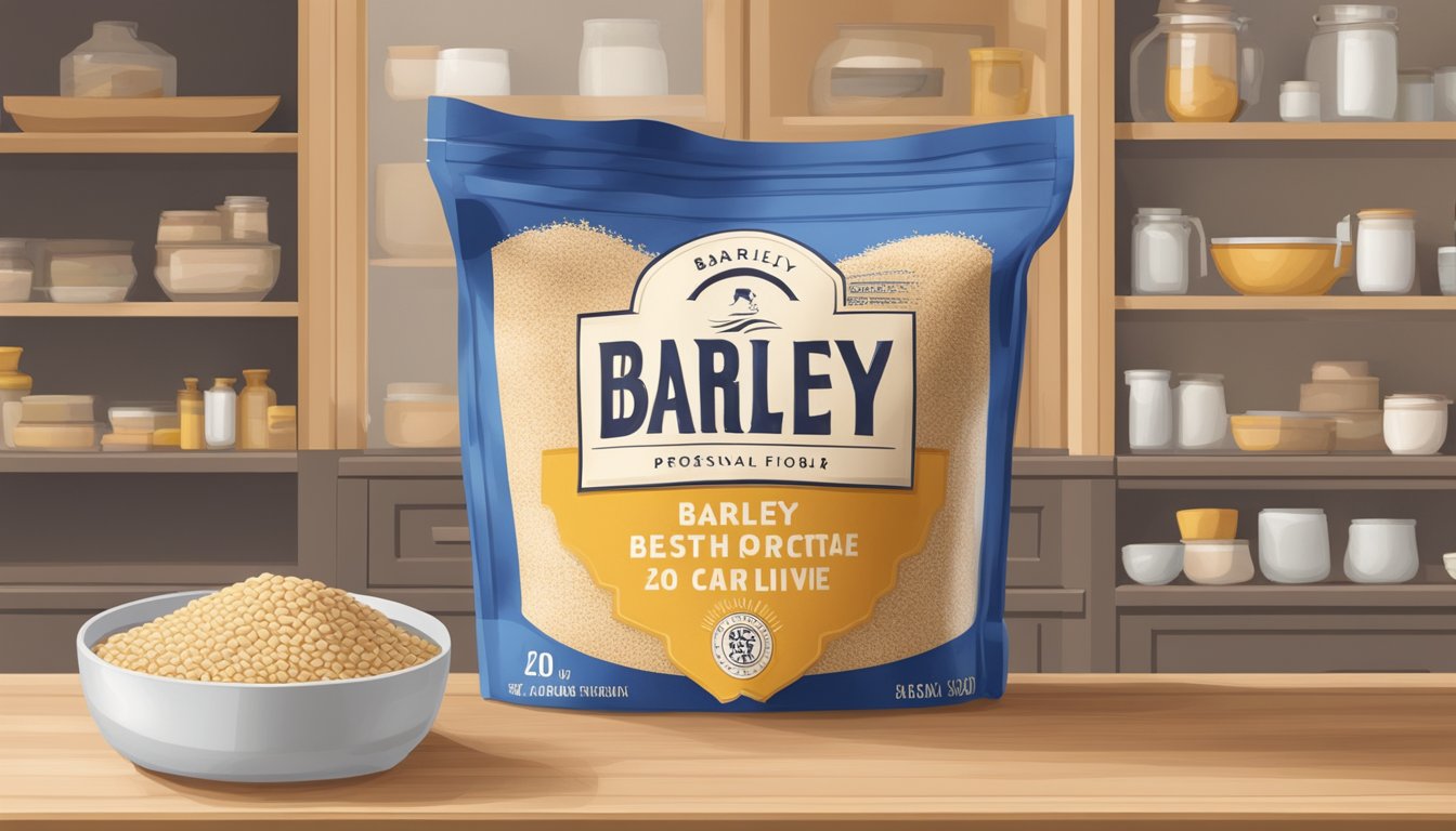 A sealed bag of barley flour on a pantry shelf, with a "best by" date clearly visible