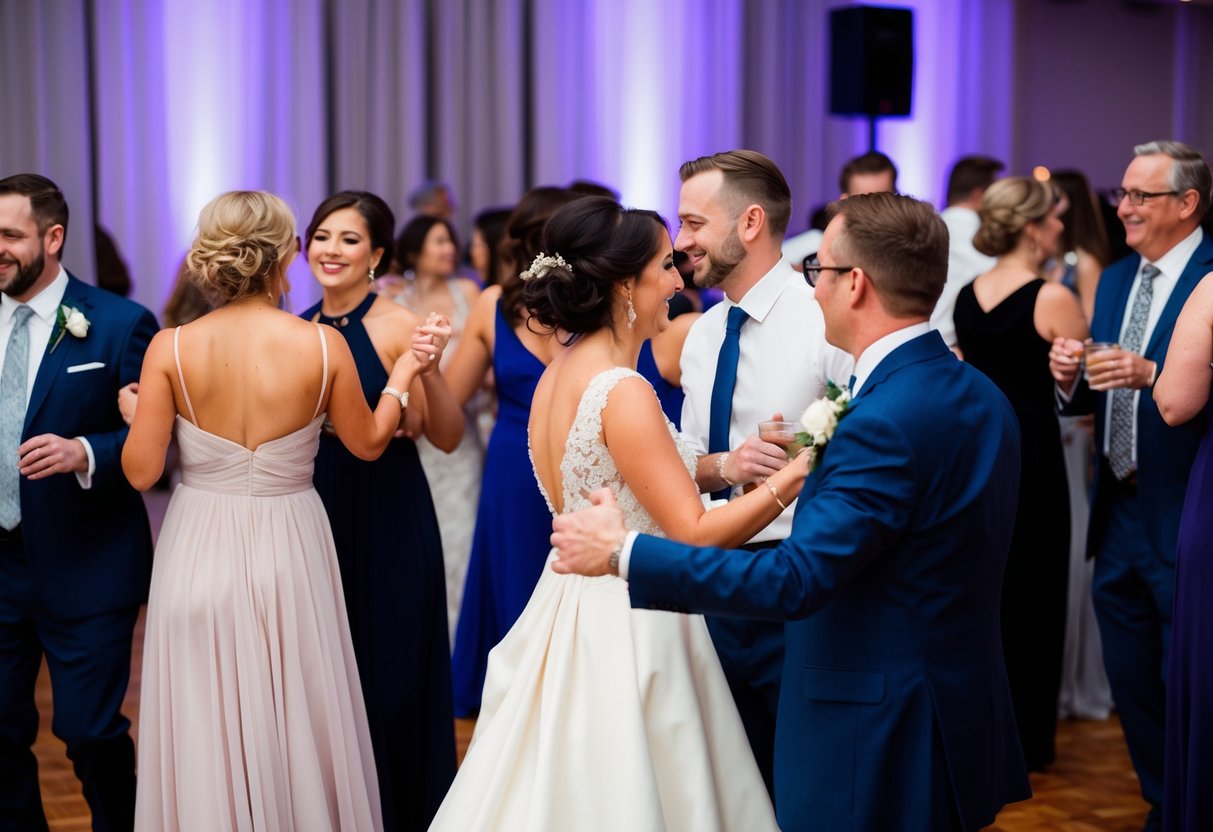 Guests mingling and dancing at a wedding reception. Some are leaving early while others continue to celebrate
