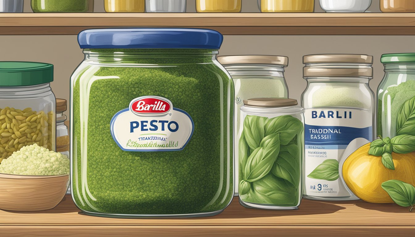 A jar of Barilla Traditional Basil Pesto sits on a kitchen shelf, surrounded by other pantry items. The label indicates storage information