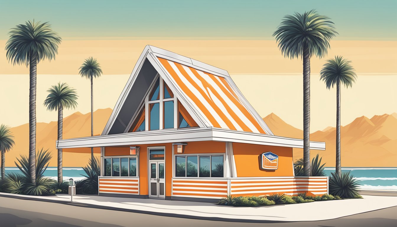 The iconic orange and white striped Whataburger A-frame building stands against a backdrop of palm trees and a sunny California sky