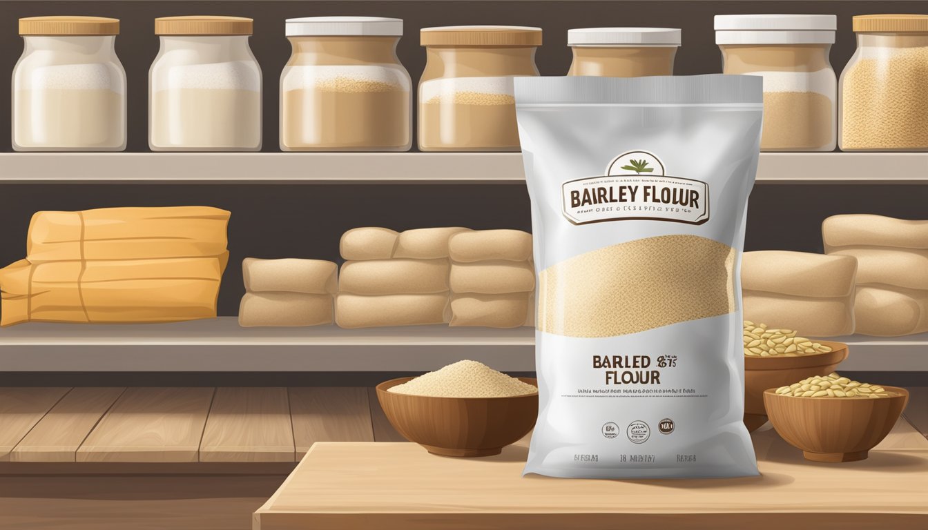 A sealed bag of barley flour on a pantry shelf, with a best-by date visible