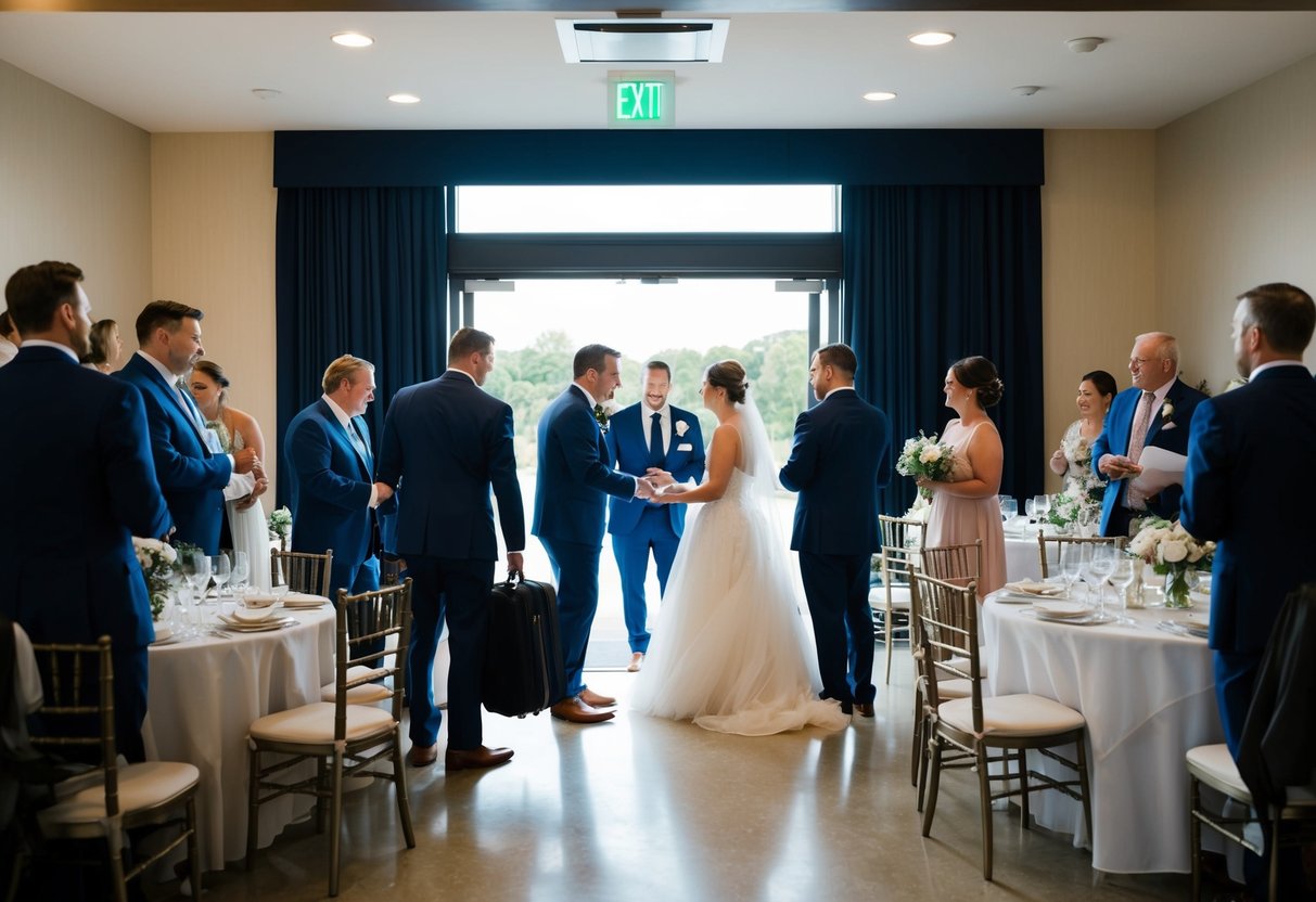 Guests gathering belongings near the exit, exchanging farewells with the newlyweds and other attendees. Tables and chairs beginning to empty out as people start to depart