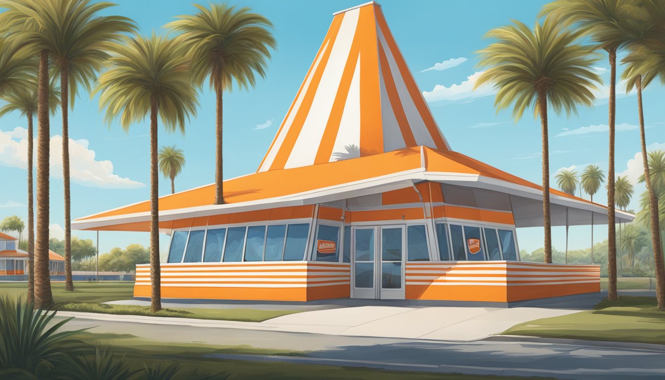 Whataburger's iconic orange and white striped A-frame entrance stands proudly against a backdrop of palm trees and a clear blue California sky