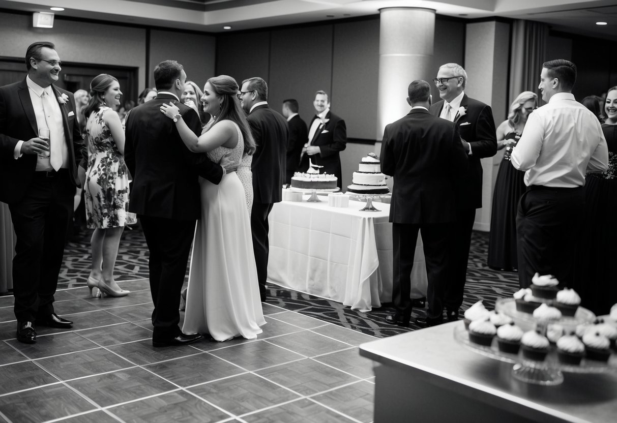 Guests mingling by the dance floor as others gather around the dessert table. A few individuals are saying their goodbyes at the entrance