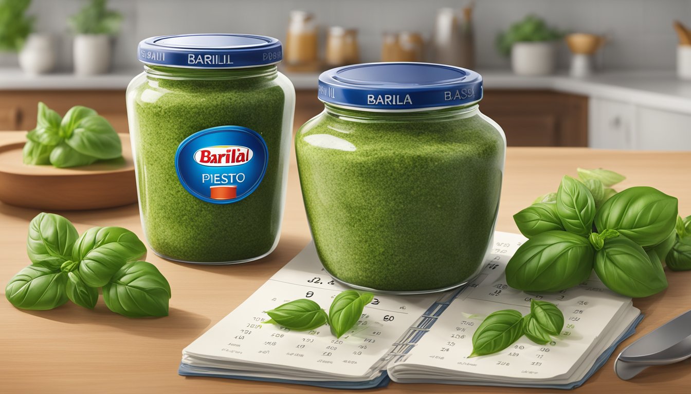 A jar of Barilla Traditional Basil Pesto sits on a kitchen counter, surrounded by fresh basil leaves and a calendar with the date circled