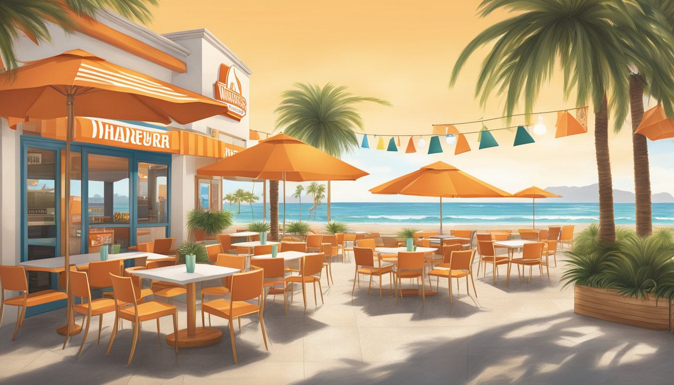 A sunny outdoor patio with palm trees and beach umbrellas, where a menu board displays Whataburger's California-inspired offerings