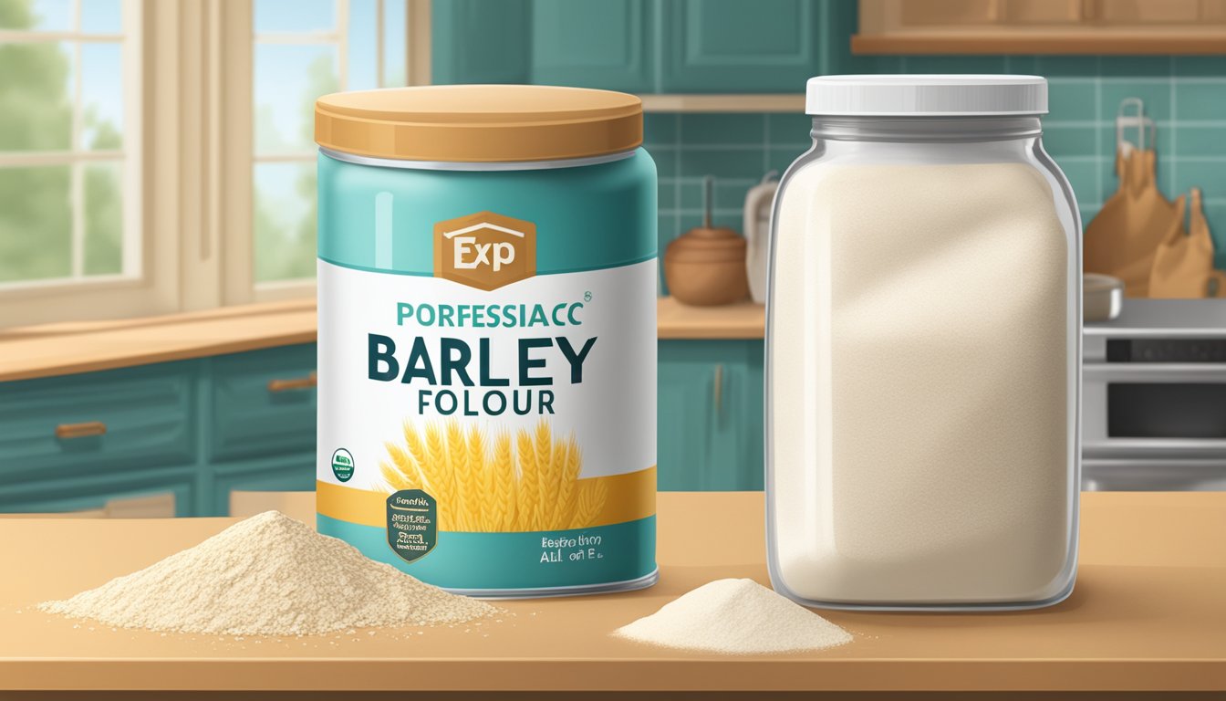 A jar of barley flour sits on a kitchen shelf next to a bag of all-purpose flour. The jar is labeled with the expiration date