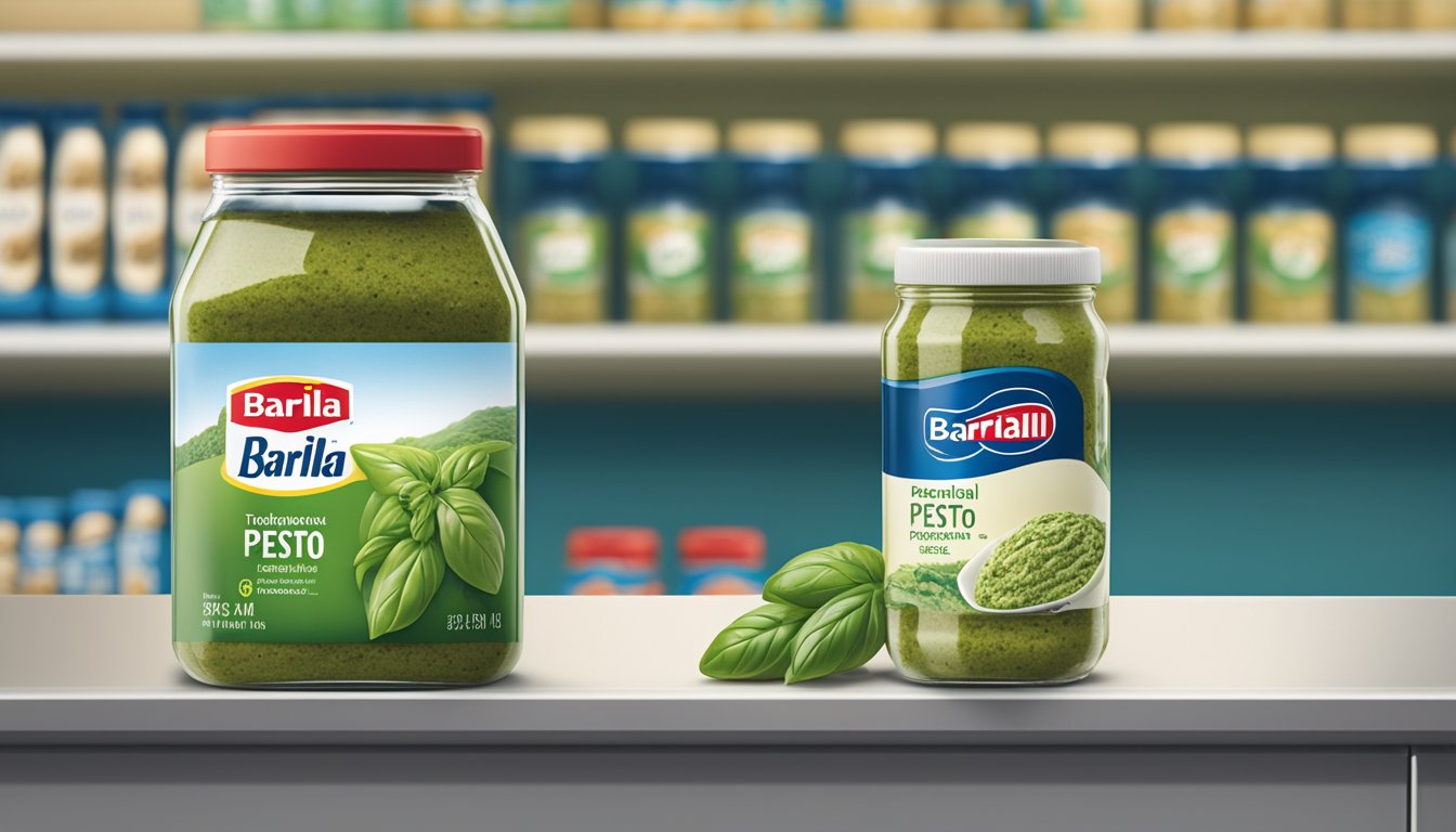 A jar of Barilla Traditional Basil Pesto sits in a freezer next to a labeled expiration date. A calendar on the wall shows the current date