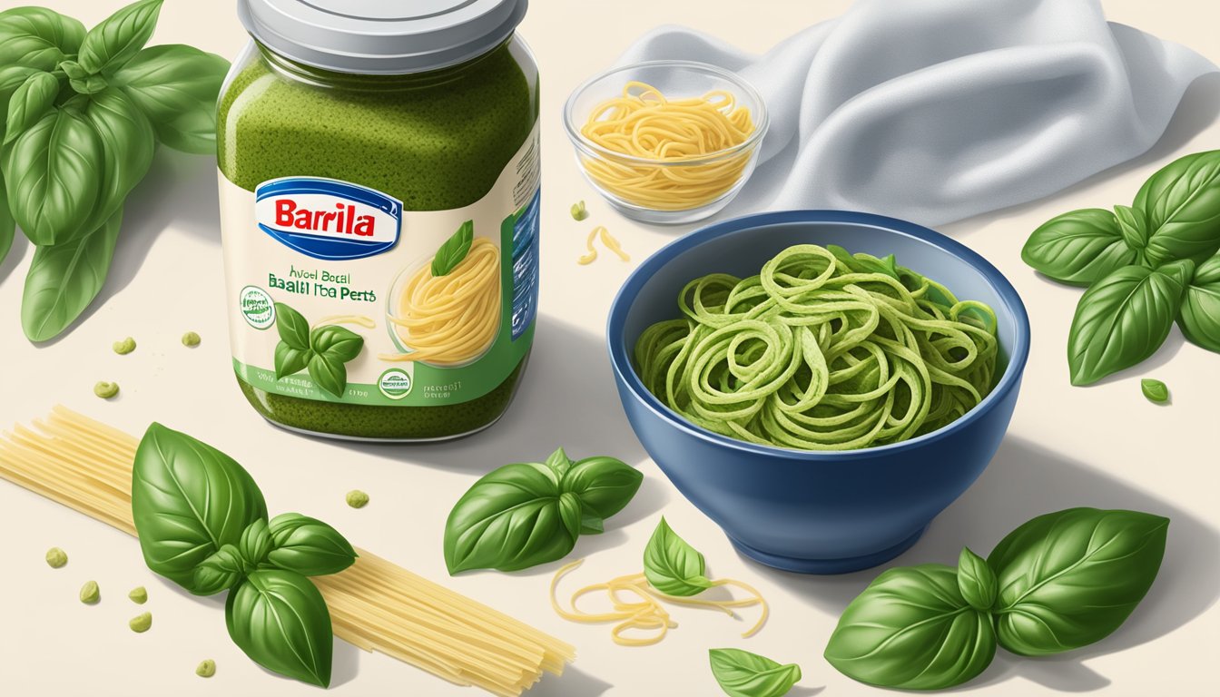 A jar of Barilla Traditional Basil Pesto sits on a kitchen countertop, surrounded by fresh basil leaves and a bowl of pasta