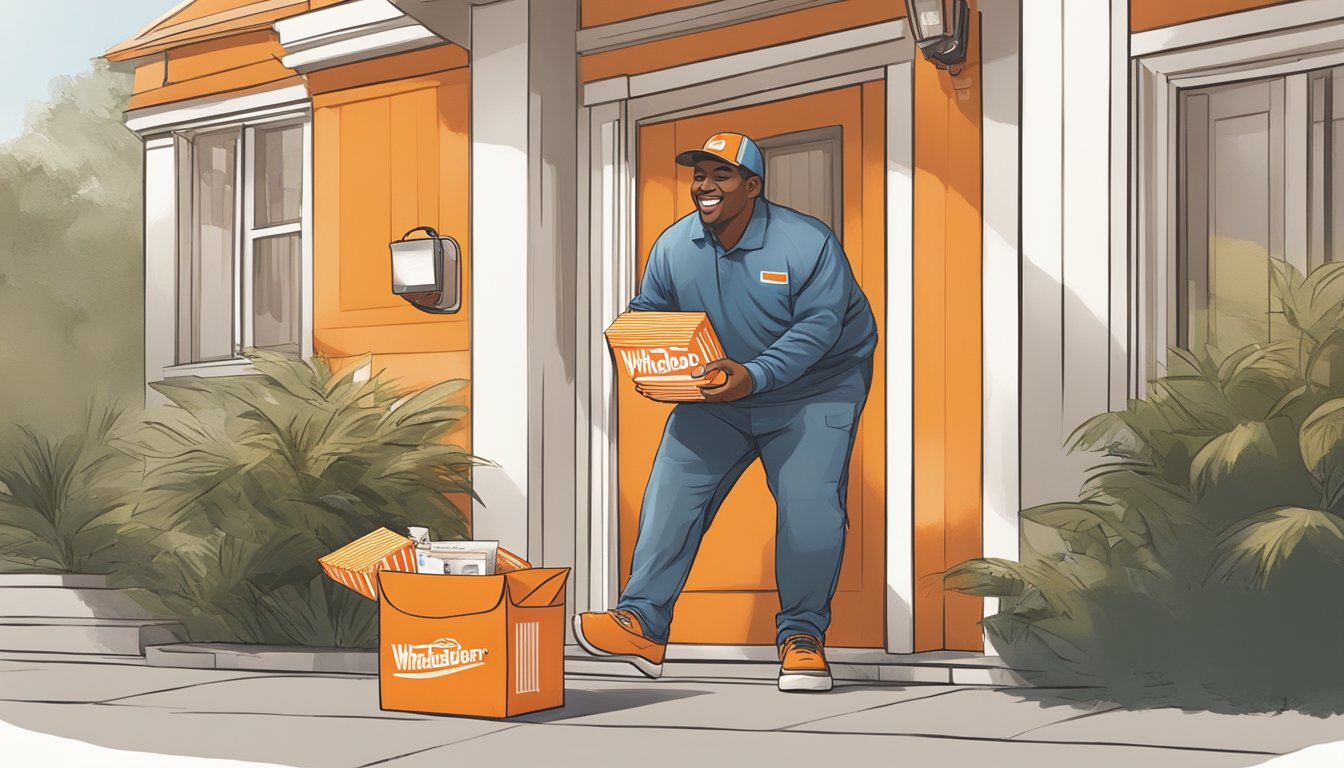 A delivery driver drops off a Whataburger order at a customer's front door, with the iconic orange and white packaging