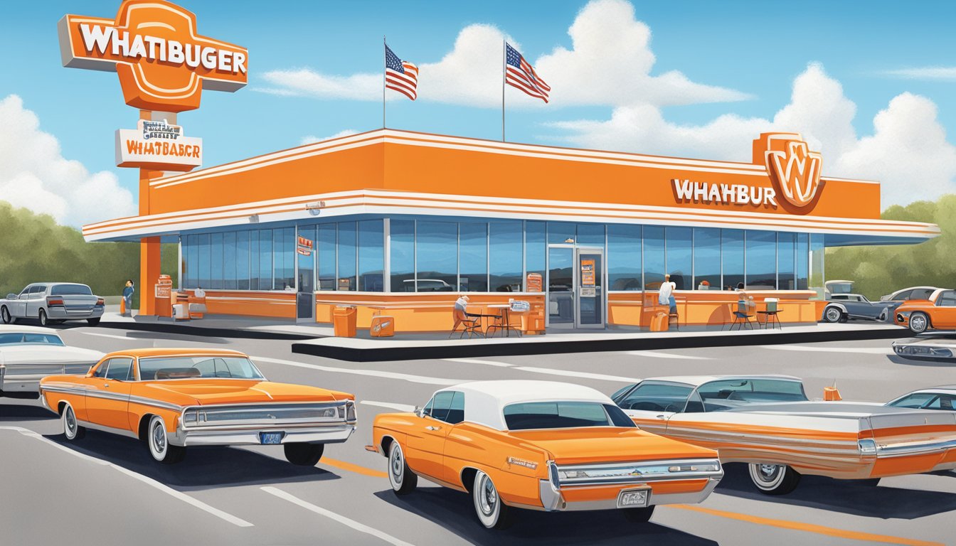 A bustling Whataburger restaurant in Texas, with a drive-thru line of cars and customers dining inside. The iconic orange and white striped building stands out against a bright blue sky