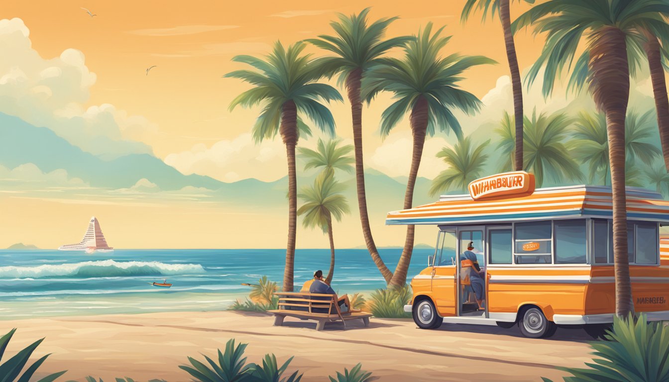 A sunny beachside Whataburger with palm trees and surfers in the background