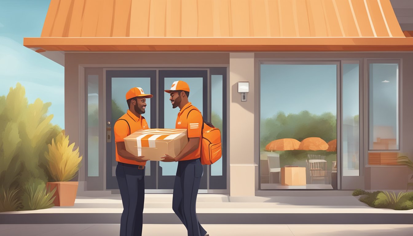 A delivery driver handing over a bag of Whataburger food to a customer at their front door