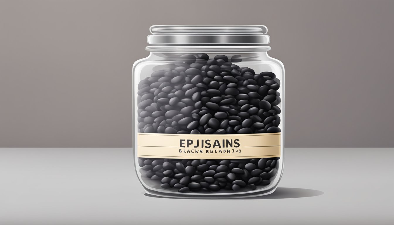 A pile of dried black beans in a glass jar, with a label indicating the expiration date