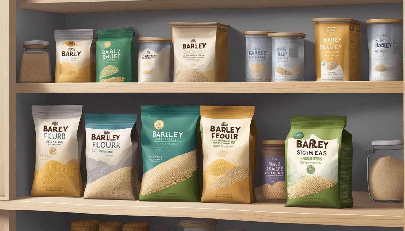 A sealed bag of barley flour sits on a pantry shelf, with a best-by date clearly displayed