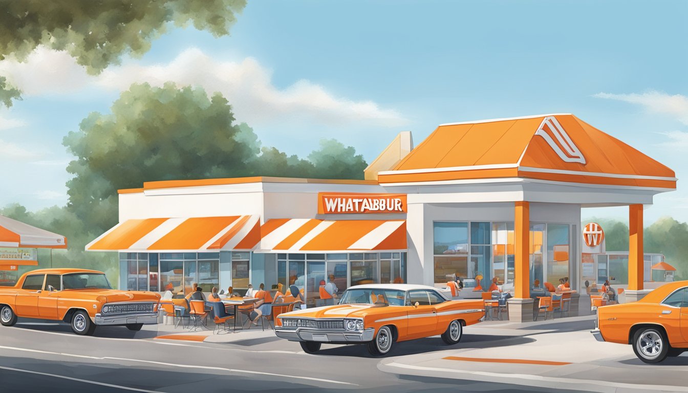 A bustling Whataburger in Texas, with the iconic orange and white striped building, a drive-thru, and customers enjoying their meals at outdoor tables