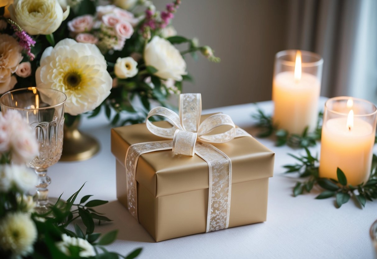 A beautifully wrapped gift box with a delicate bow sits on a table, surrounded by elegant floral arrangements and soft candlelight