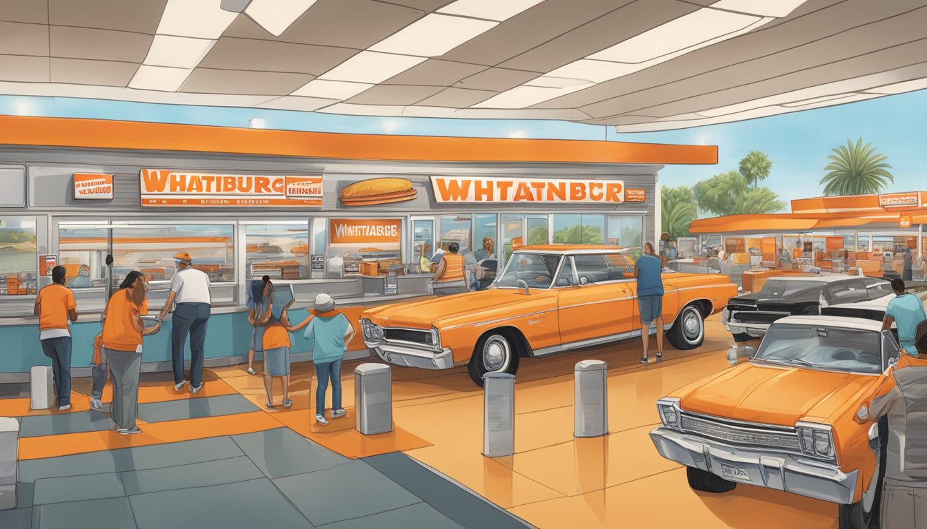 A bustling Whataburger restaurant in California, with customers lined up at the counter and cars in the drive-thru, while nearby competitors' signs are visible